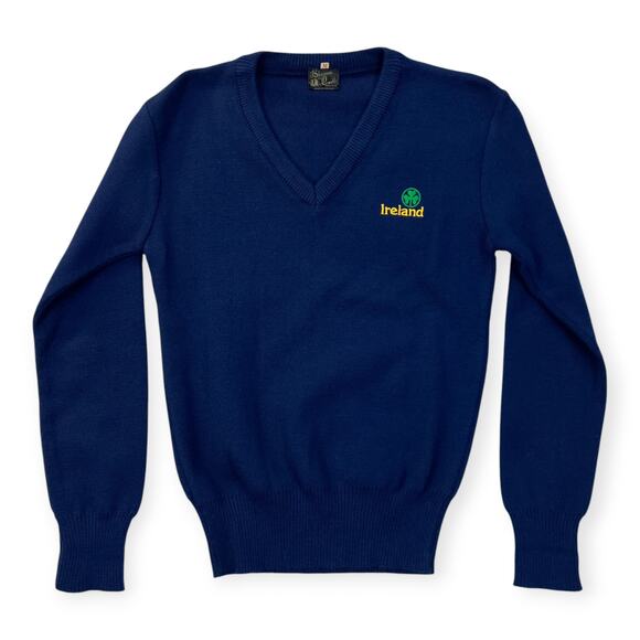 Vintage Blarney Castle Mens Knit Sweater V Neck Tight Knit Med Navy Made Ireland - Picture 2 of 12